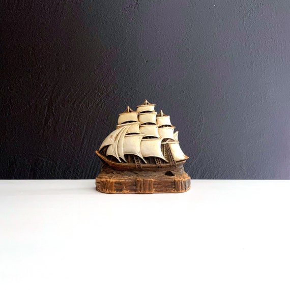 Vintage Ship Chalkware Figurine Nautical Bookend Small Tall Ship with Sails Hole for Use as Pen Holder