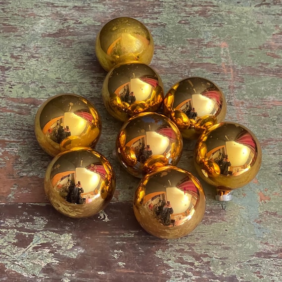 Vintage Copper Foiled Balls Shiny Brite and Rausch Ornaments Set of 8 Crimped & Scalloped Caps Mid Century Gold Glass Christmas Tree Trim