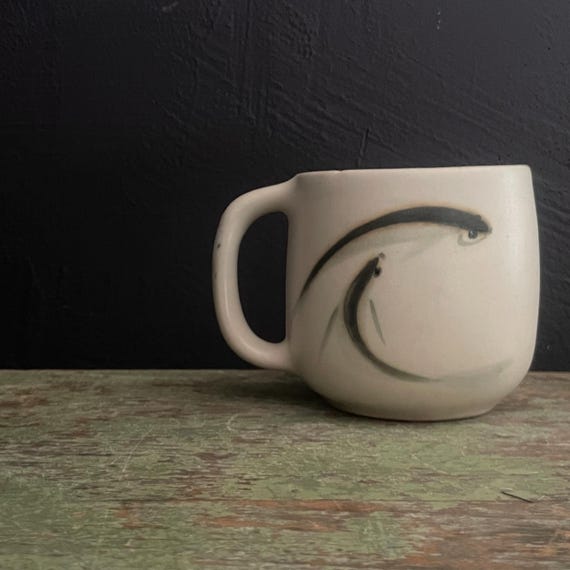 Vintage Mug Fish Hand Painted Pottery Coffee Cup Black Minnow Fishes White Matte Glaze