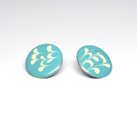 Vintage Earrings Aqua Blue Cream Enameled Swirl