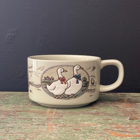Vintage Soup Mug Geese Otagiri Stoneware Mug Wide Mouth Embossed Goose with Ribbons Motif