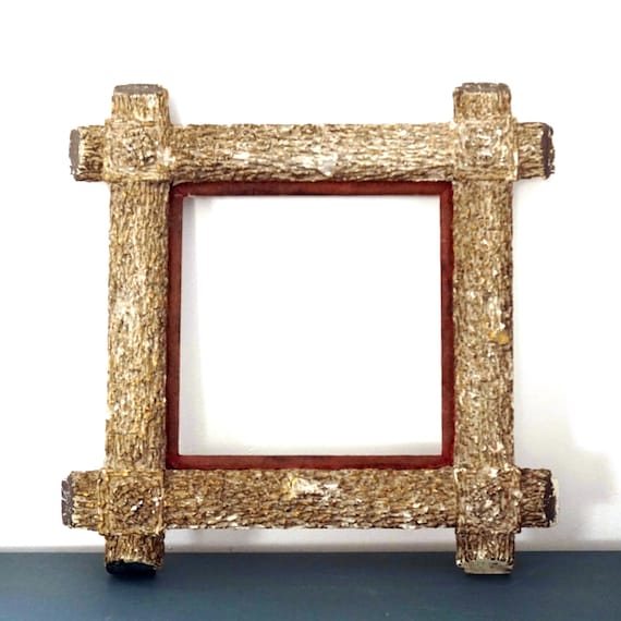 Antique Adirondack Frame Plaster Wood Faux Bois Square Picture Frame Wood Grain Molded Gold Gilt Painted Rustic Heavy Wall Frame Rare Old