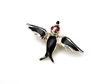 Vintage Enamel Sparrow Brooch, Silver Tone Bird Pin with Ruby Eyes
