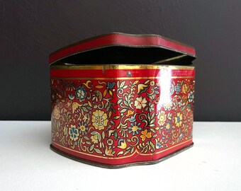 Vintage Candy Tin Red Floral Print Lidded Metal Box George W. Horner & Co. England Litho Flowers Collectible Tin