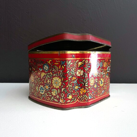 Vintage Candy Tin Red Floral Print Lidded Metal Box George W. Horner & Co. England Litho Flowers Collectible Tin
