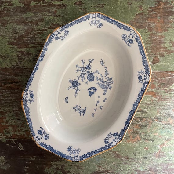Antique Oval Serving Bowl Octagonal Blue and White Old Bow Kakiyemon Woods Ware Vegetable Server Dish Transferware China Wood & Sons England
