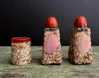 Vintage S&P Shakers Sea Shell Encrusted Salt and Pepper Shakers Anchor Hocking Toothpick Holder Set of 3 Pink Seashell Covered Glass Red Rim