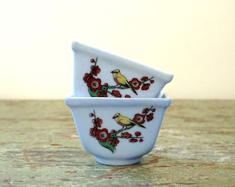 Vintage Miniature Plant Pots, Periwinkle Blue Bird & Sakura Motif (Set of 2)