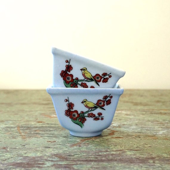 Vintage Tiny Plant Pots Periwinkle Blue Bird Sakura Motif China Miniature Planter Set Matching Yellow Canary Red Cherry Blossom Sake Cups