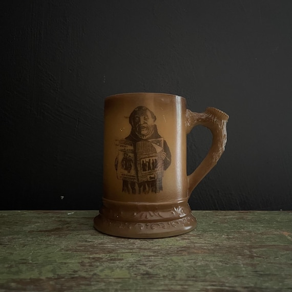 Vintage Tankard with a Monk Milk Glass Brown Mug Transfer Image Beer Stein Rookwood Westmoreland Twig Look Handled Cup Friar with Newspaper