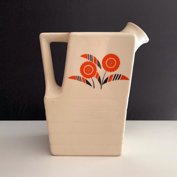 Vintage Pitcher Seminole Pattern 1940s Universal Potteries Off White Orange Graphic Floral Brown Accents No Cork Stopper