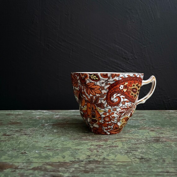 Vintage Tiny Teacup Orange Paisley Bone China Demitasse by Rosina Made In England 50s Chintz Pattern Brown Red Gold Rimmed Tiny Handled Cup