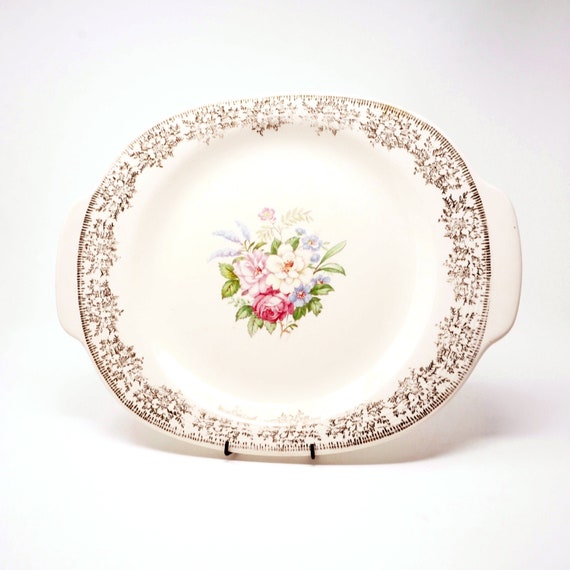 Vintage Platter Oval Handles 40s Triumph Rosalie Pattern Limoges USA Scalloped 22 Karat Gold Filigree Border Central Pink Rose Floral Spray