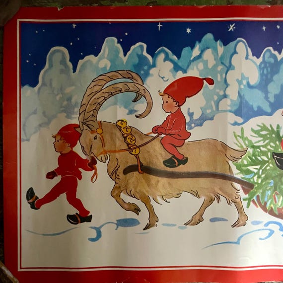 Vintage Aina Stenberg Print Yule Goat 20s Painting Swedish Painter Stenberg Reproduction Poster 20" x 13" Elves Pull Christmas Tree on Sled
