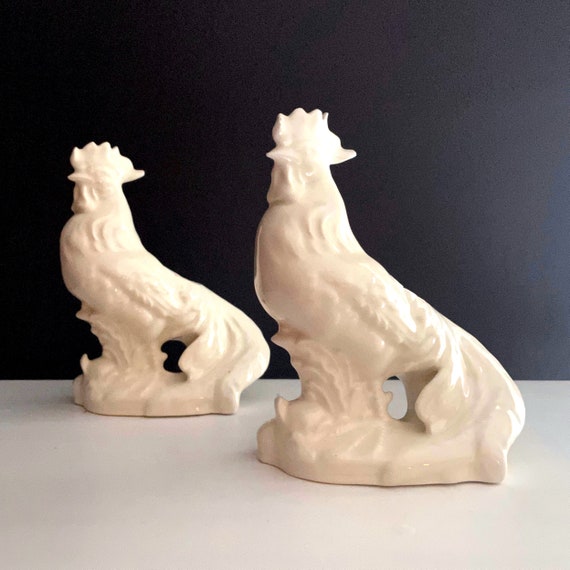 Vintage Rooster Vases White Cock Planters Ebeling and Reuss Co Erphila Philadelphia Imported From Czechoslovakia 1920s Pair Bird Figurines