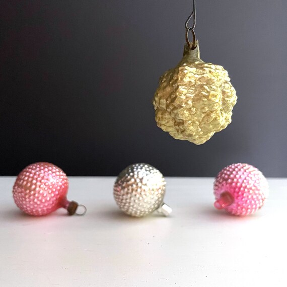 Christmas Ornaments Mini Glass Balls Pink Silver and Gold Bumpy Bulbs Mercury Glass Ornament Feather Tree Trim 30s German Glass Caps Missing