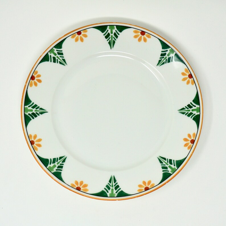 Antique Limoges France Superieur Plates Set of 4 Rare 1910s Arts and Crafts Motif Green Yellow Daisy on White Porcelain Dessert Plates