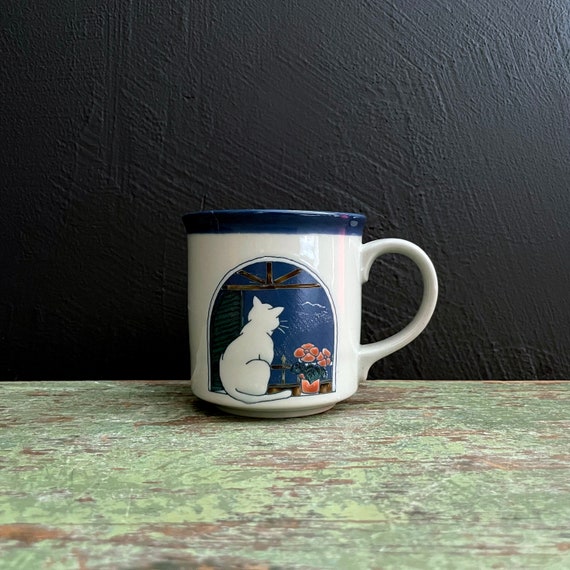 Vintage Cat Mug Blue Rim Stoneware Otagiri Cat in the Window Mug 1980s Japanese Ceramic Coffee Cup Kitty Windowsill Cat Lover's Mug Unused