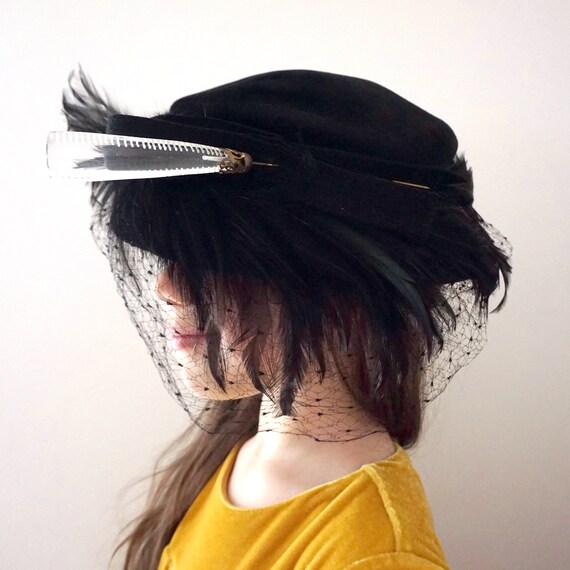 Vintage Fancy Hat 50s Black Velvet Feathers Tam Hat Sculptural Mesh Face Veil Bow Clear Large Lucite Hat Pin on a Beret Style Hat Small Brim