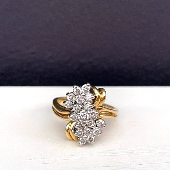 Diamond Cluster Ring 19 Diamonds Round Cut 14 Karat Setting Yellow Gold Double Band H-I White Diamond Weight .96 Carat 90s Bock Fine Jewelry