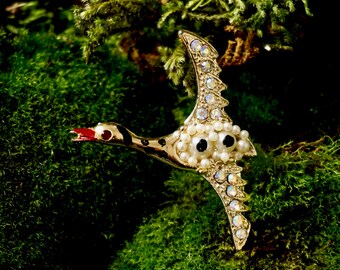 Vintage Goose Brooch Aurora Borealis Crystal Encrusted Flying Duck Pin Gold Toned 60s Costume Jewelry Faux Pearls Red Beak Eye Bird Brooch