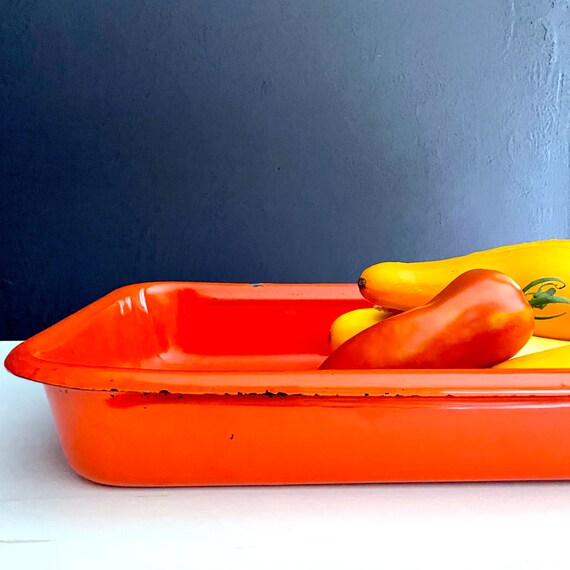Vintage Red - Orange Pan Vibrant Tomato Red Enameled Metal Cooking Tray Rectangular Lasagna Pan Roasting Dish Oven Ware
