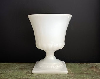 Vintage Milk Glass Urn Footed Vase White Opaque Glass Greek Key Rim at Square Pedestal Base E.O. Brody Urn Planter Glass HAS FLAWS