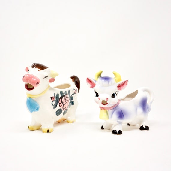 Vintage Bovine Creamer Set Bull Creamer Purple White Steer by Lefton 1950s Cow Creamer Floral Hand Painted Sow Blue Bell Ceramic Milk Pourer