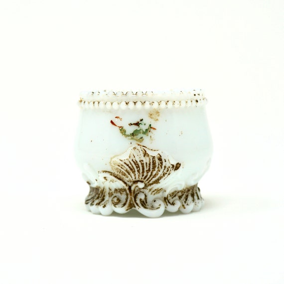 Antique Dithridge Glass Tiny Jar without Lid Vanity Container Gold Details Early 1900s Cold Painted Pressed Glass