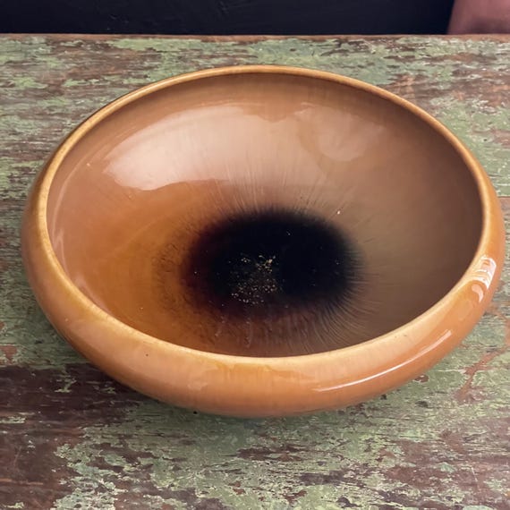 Antique Bowl Royal Doulton Pottery Rare 1920s Wide Mouth Bowl Ochre Glazed Display or Serving Piece Umber Glaze with Dark Brown Interior 10"