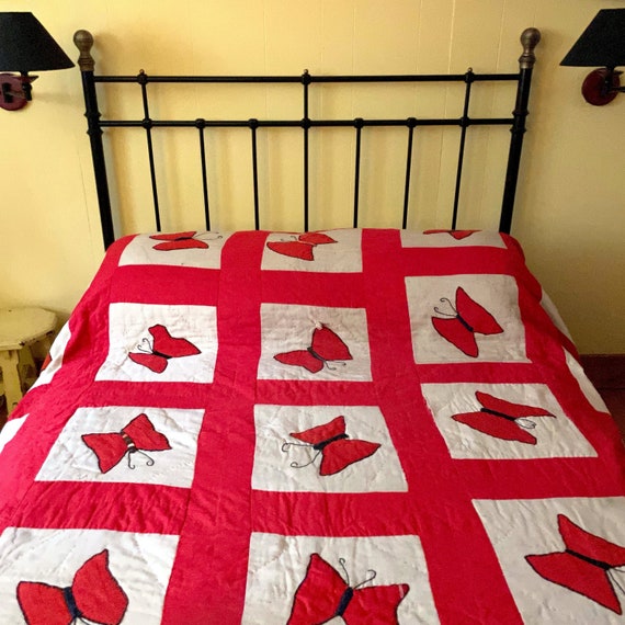 Vintage quilt red butterfly white squares hand stitched scrap quilted coverlet twin / full bed linens black stitching ooak repair or reuse