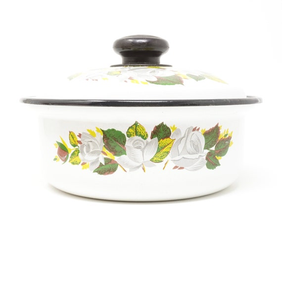 Vintage Enamel Pot Roses Design White Small Shallow Stock Pot w/ Lid Grey Rose Blossoms Green Leaves Black Rim Knob Enameled Casserole Rare