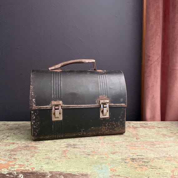 Vintage Lunch Box Metal Enameled Black 1940s Alladin Industries Domed Lunch Pail with Handle