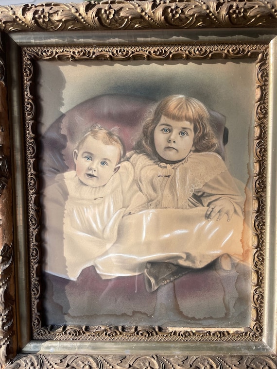 Antique Portrait Spooky Children Edwardian Framed Charcoal Drawing Baby Toddler Frame Gilt Gesso Wood Large OOAK Gothic Haunted Photo AS IS