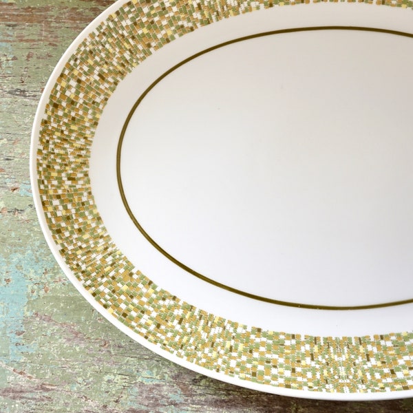 Vintage Platter Green Mosaic Mikasa Eclipse 1960s Dinnerware Oblong Oval Serving Plate Rimmed Tiny Geometric Earthtones Border White Center