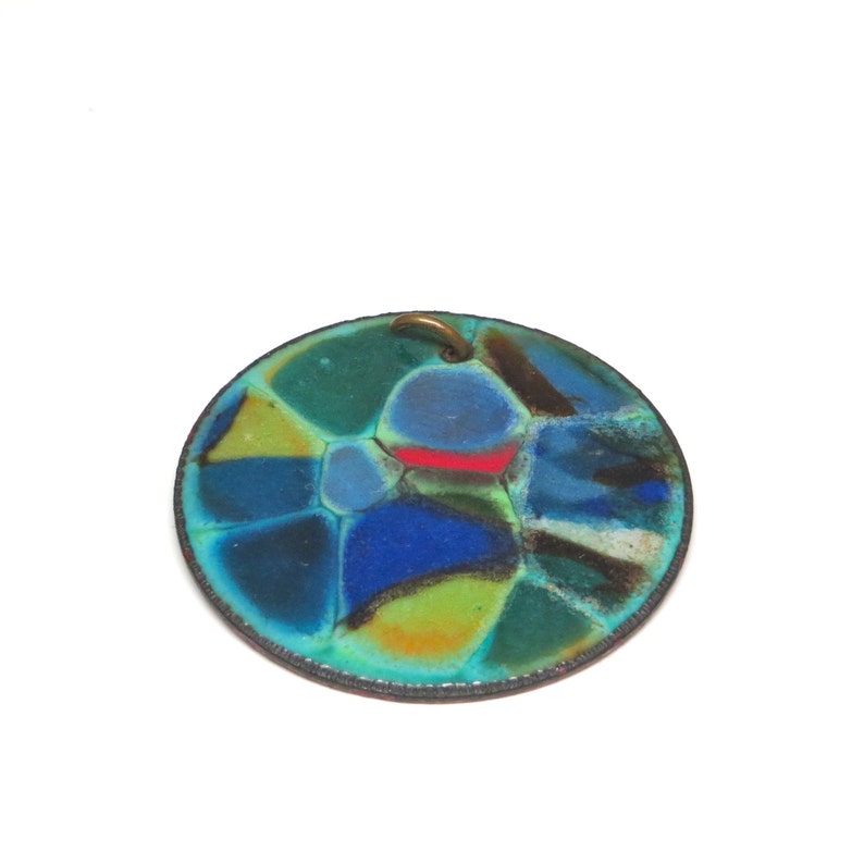 Vintage Pendant Colorful Enameled Round Copper Disc image 2