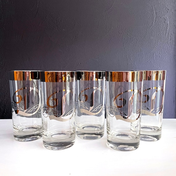 Vintage D Highballs Dorothy Thorpe Style MCM Hi Ball Silver Letter D Glasses Monogrammed Platinum Thick Rim Set of 5 Glass Tumblers Mercury