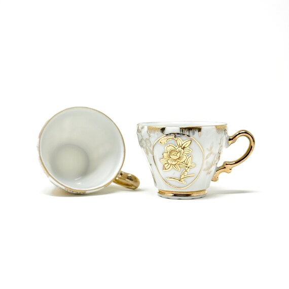 Vintage Demistasse Cups Pair Gold Floral on White China Tiny Tea Cups Gold Handles