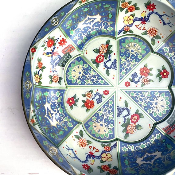 Vintage Daher Tin Bowl Chinoiserie Pattern Metal Bowl Enameled White Blue Birds Coral Floral Collectible 1971 Daher Tinware Long Island Made