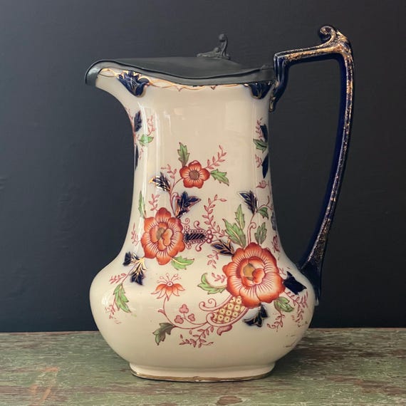 Antique Lidded Pitcher Imari Style SJB Ironstone English Pottery Jug with Lid Samuel Johnson Burslem England 19th Century