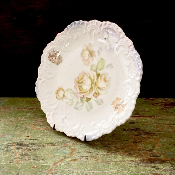 Vintage Plate Pastel Roses Dish Lavender Gold Accent Ornate Rim 20s Bavaria Porcelain Dish Decor Spring Floral Country Farmhouse Plate Wall