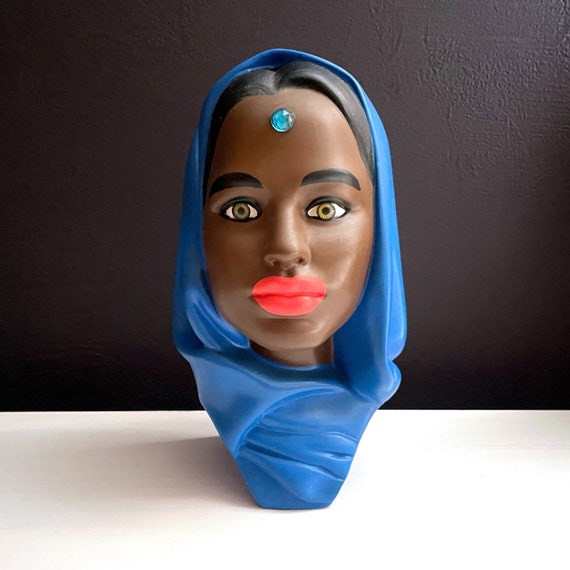 Vintage Bust Sikh Woman with Bindi Ceramic Painted Head Blue Chunni Head Scarf India Punjab Mid Century Pottery From Mold Possibly Marwal