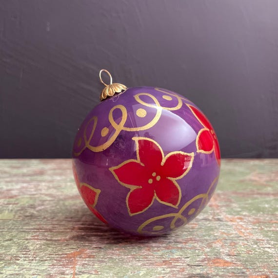 Vintage Glass Ornament Purple Red Poinsettia Flowers Chinese Reverse Painted Li Bien Christmas Ball w/ Red Velvet Box Pier 1 Imports c 2000