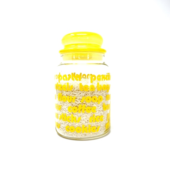 Vintage Canister Yellow Words Jar with Lid 1970s Glass Container For Everything Matches Peanuts Pasta Rice Pretzels Bright Yellow Kitchen