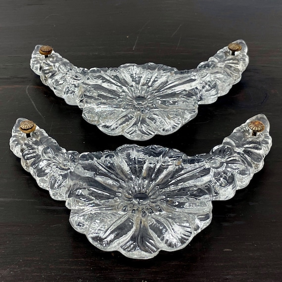 Vintage Glass Handles For Vanity Mirror Tray Set of 2 Pressed Glass Flower w/ Original Hardware Ornate Clear Glass Poppy Floral Arch Salvage