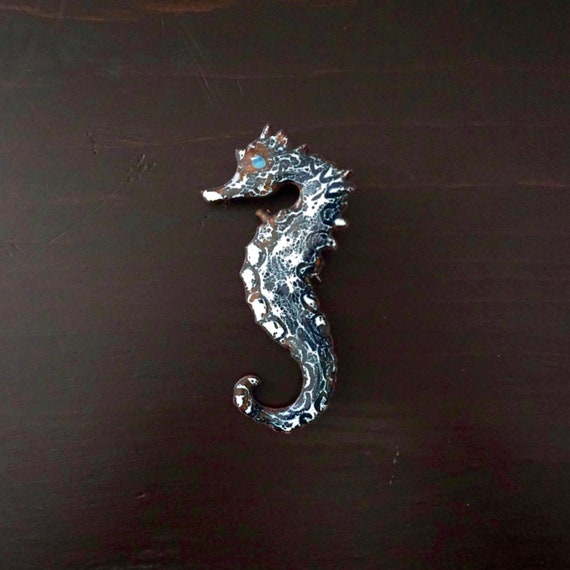 Vintage Seahorse Brooch Enameled Metal Pin Blue White Marbled Enamel on Copper Jewelry Nautical Ocean Sea Life Brooch Enamel Mid Century