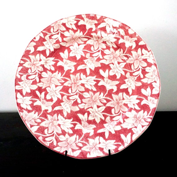 Vintage Pink Plate Lily Pattern Romarco Ware Dish Cranberry Red Background Allover Cream Lilies Transferware China Rare England 40s