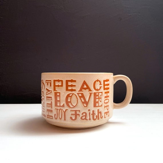 Vintage Soup Mug Stoneware Positivity Coffee Cup Peace Love Joy Hope Embossed Lettering Honey Brown Beige Pottery Mug Large 16 oz Japan 70s