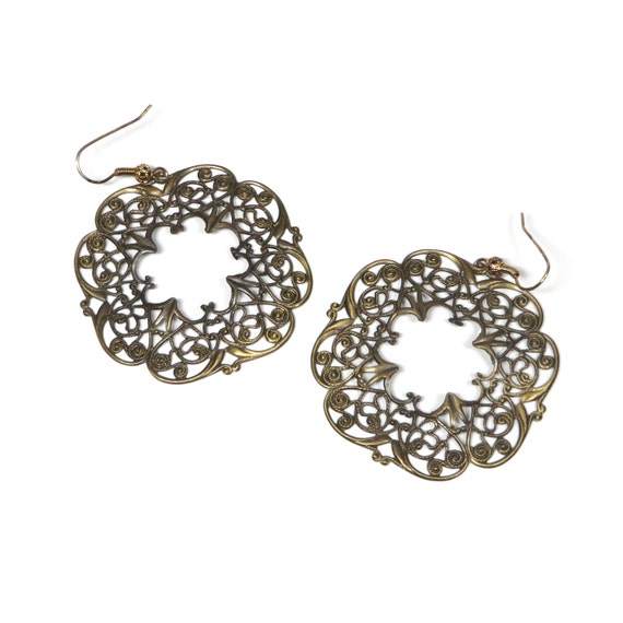 Vintage Filigree Earrings Brass Toned Ornate Hoops 1970s