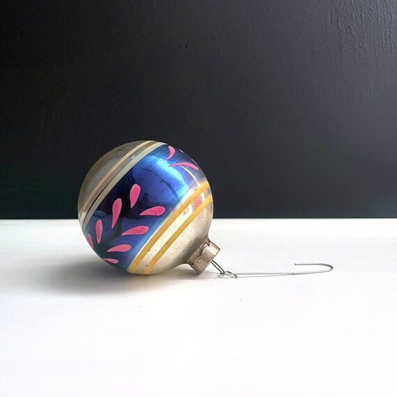 Vintage Ornament Hand Painted Ball Silvered Glass Ball Blue Band Pink Leaves Yellow Stripe Silver Mercury Glass Bulb Mid Century Tree Trim
